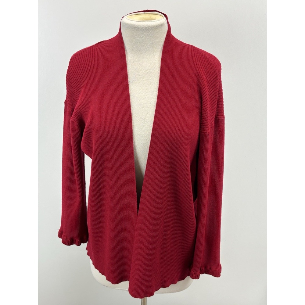 Eileen Fisher Ribbed Cardigan Sweater Women's L Red Open Front Classic